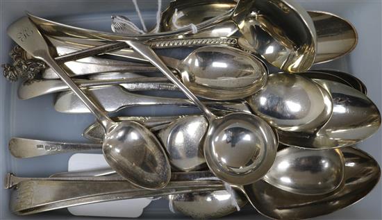 18 silver spoons, including a pair of Georgian tablespoons, a sauce ladle, preserve spoons, teaspoons, etc, total 18oz approx